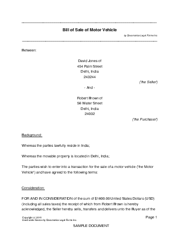Bill of Sale (India) template free sample