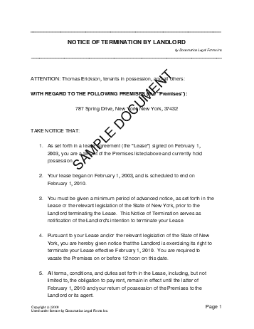Notice of Termination by Landlord template free sample
