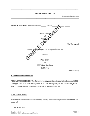 Promissory Note Template on Promissory Note Template Free Sample